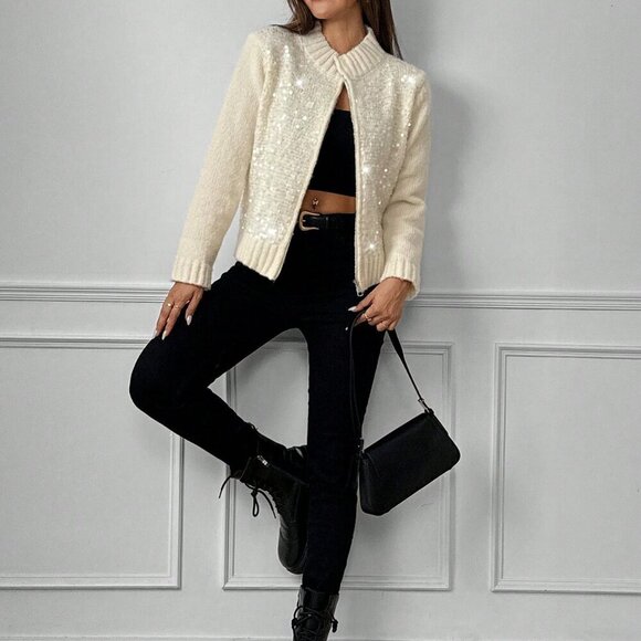 Apricot Casual Women's Fashion Sequin Knit Zip-Up Cardigan - Picture 4 of 6